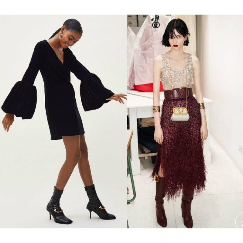 A sx: H&M, mini dress nero con maniche a sbuffo; a dx: Valentino, completo con micro cristalli e piume con maxi cintura